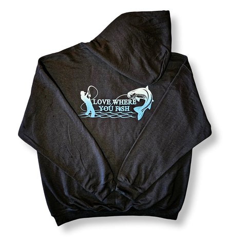 Black + White/Blue Gradient Love Where You Fish Hoodies