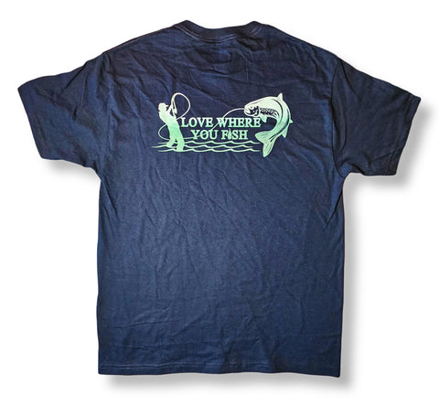 Navy Blue + White/Green Gradient Love Where You Fish Tees